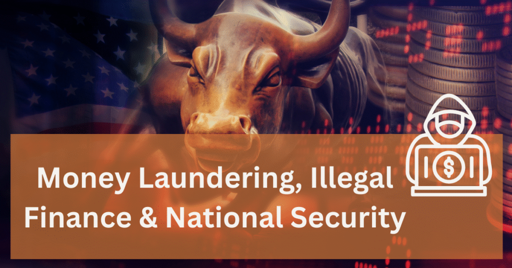 Financial security image showing money laundering risks in banned online games with bull market and hacker icon
