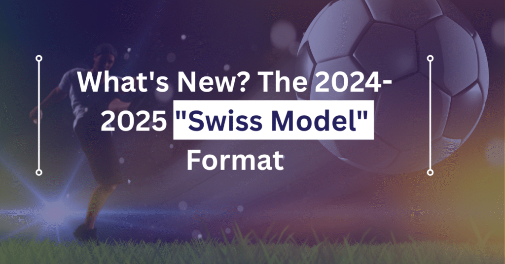 Football background image with text about 2024-2025 Swiss Model format showing soccer ball and player silhouette